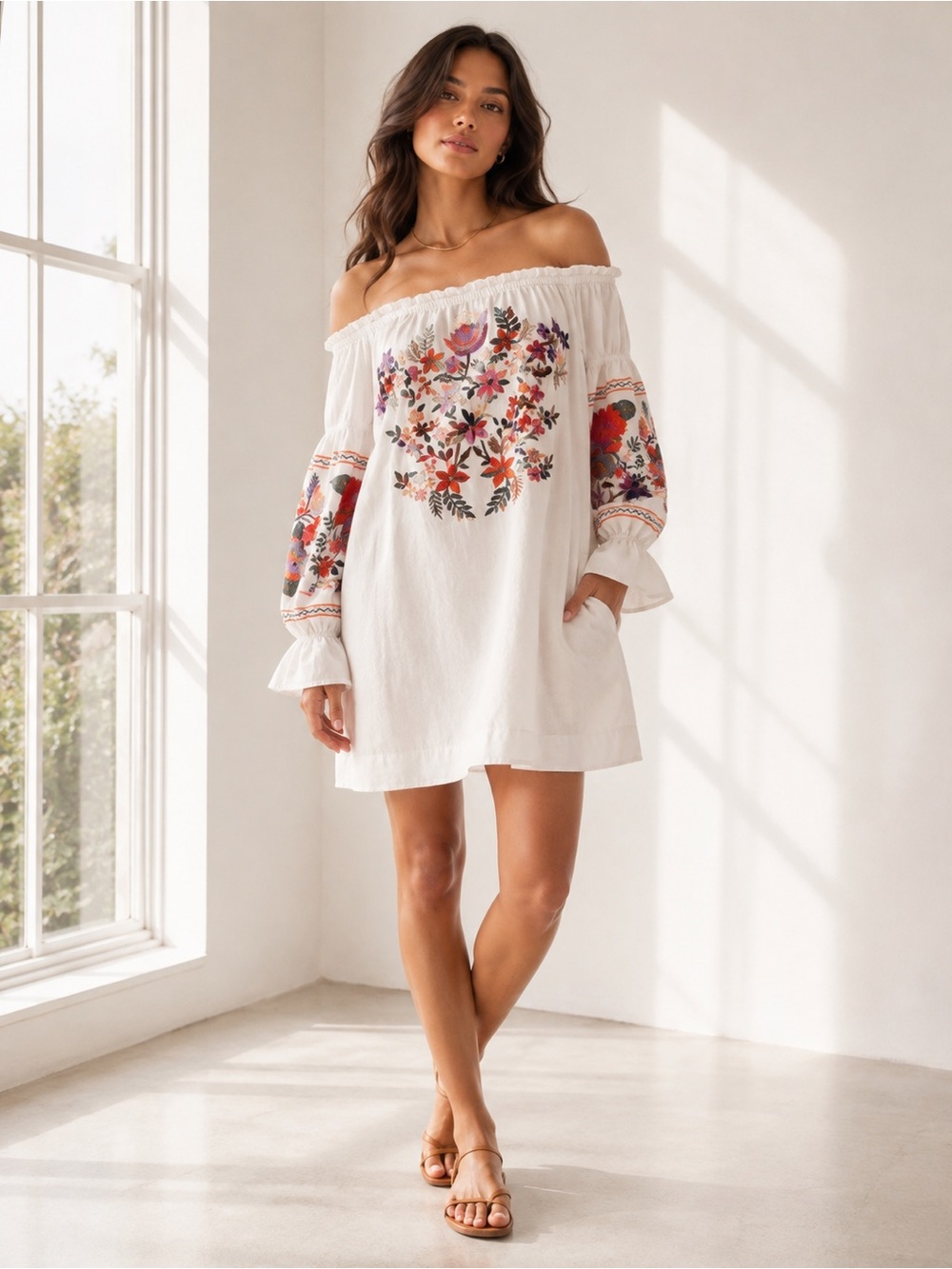 Free People Fleur Du Jour Cream Embroidered Off Shoulder Tunic Mini Dress Small
